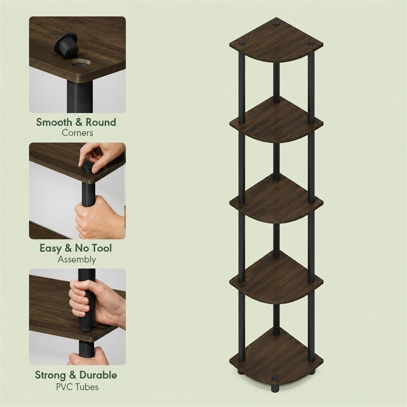 Furinno Turn-N-Tube 5-Tier Corner Shelf Closet Organizers. Columbia Walnut