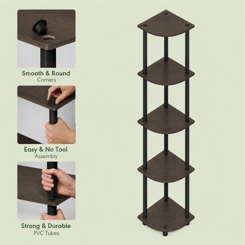 Furinno Turn-N-Tube 5-Tier Corner Shelf Closet Organizers. Dark Brown Grain