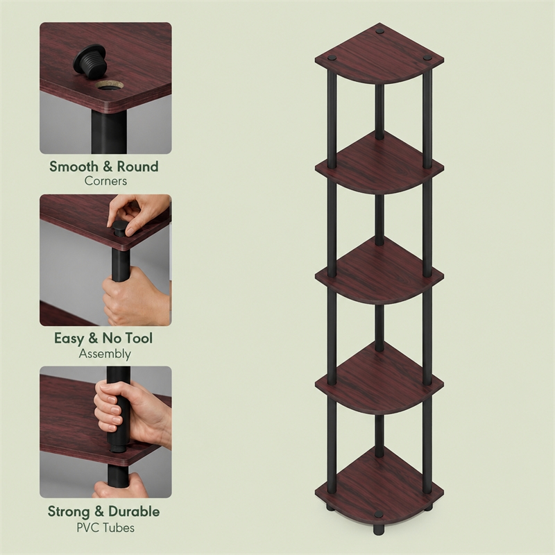 Furinno Turn-N-Tube 5-Tier Corner Shelf Closet Organizers. Dark Cherry