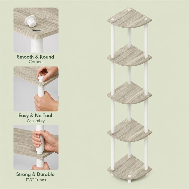 Furinno Turn-N-Tube 5-Tier Corner Shelf Closet Organizers. Sonoma Oak