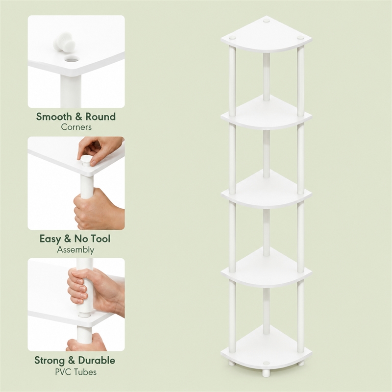 Furinno Turn-N-Tube 5-Tier Toolless Corner Shelf Closet Organizers. White