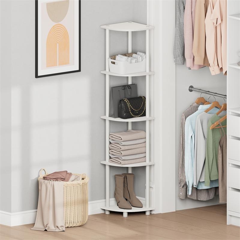 Furinno Turn-N-Tube 5-Tier Toolless Corner Shelf Closet Organizers. White