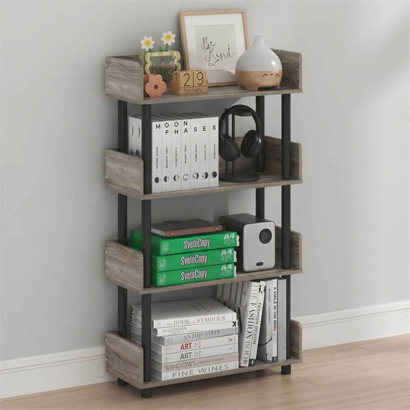 Furinno TURN-N-TUBE 4-Tier Rounded Corner Top Edges Bookcases. French Oak