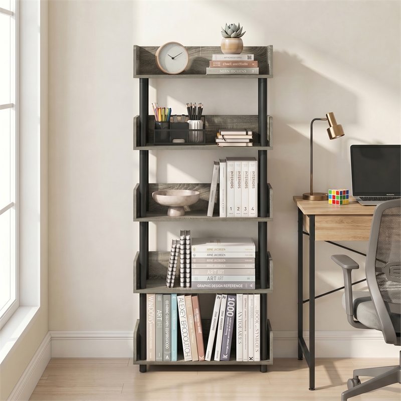 Furinno TURN-N-TUBE 5-Tier Rounded Corner Top Edges Bookcases. French Oak