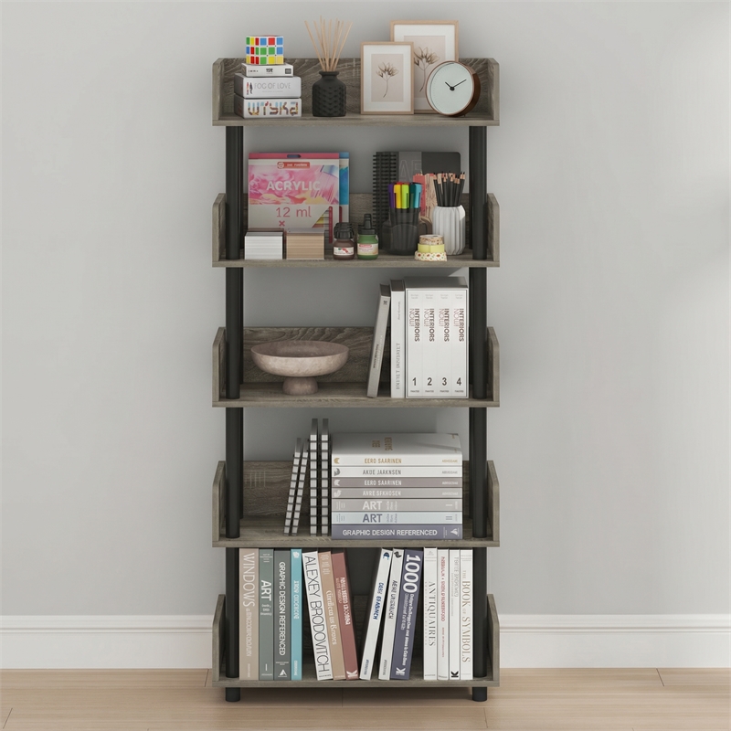 Furinno TURN-N-TUBE 5-Tier Rounded Corner Top Edges Bookcases. French Oak