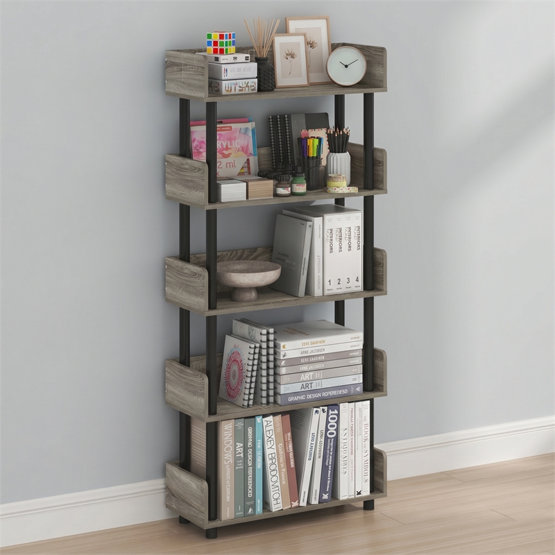 Furinno TURN-N-TUBE 5-Tier Rounded Corner Top Edges Bookcases. French Oak