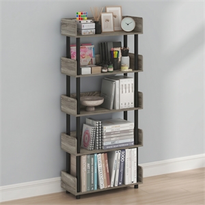 Furinno TURN-N-TUBE 5-Tier Rounded Corner Top Edges Bookcases. French Oak