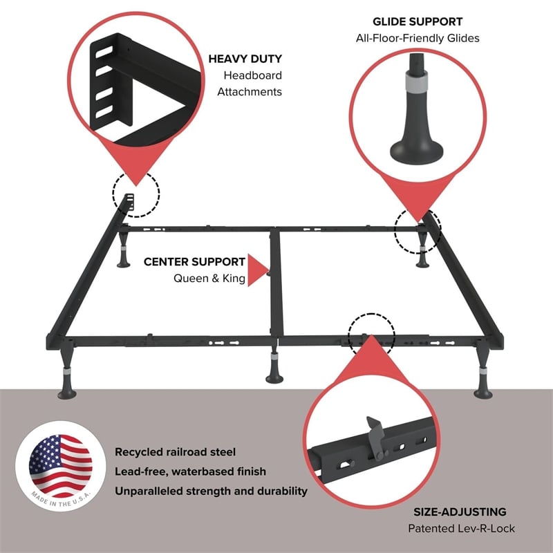 Premium Lev-R-Lock Bed Frame Twin/Full/Queen/Cal King/E. King with 6 Glides