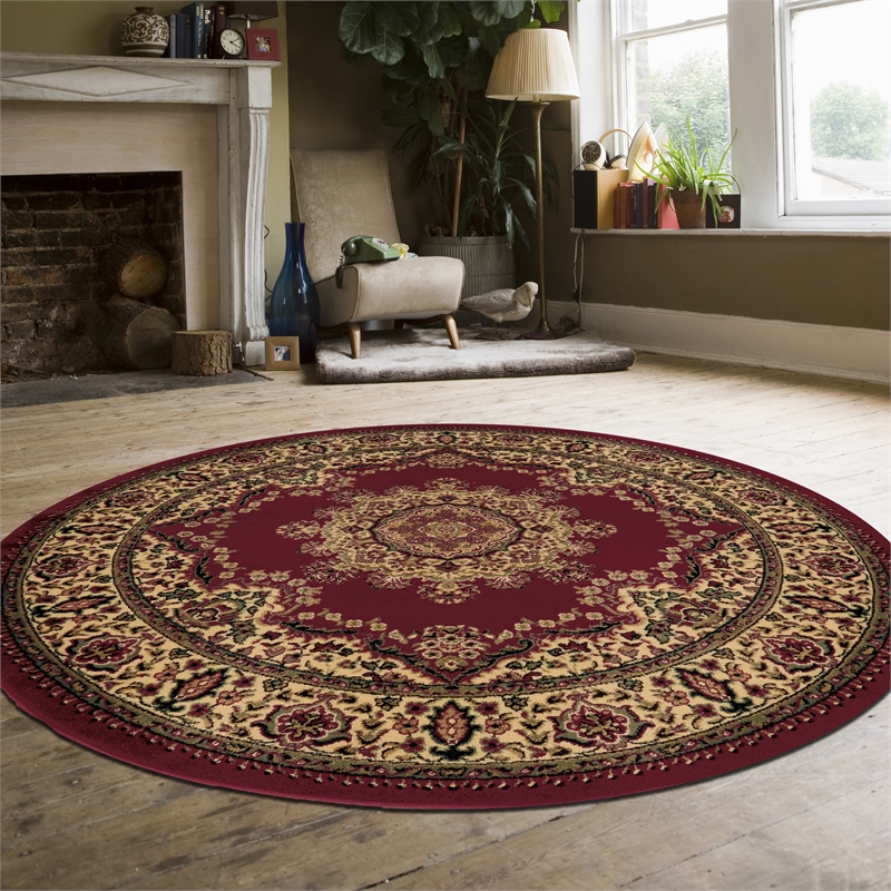 Radici USA Castello Traditional Medallion Burgundy Red Round Polypropylene Area Rug 5'3