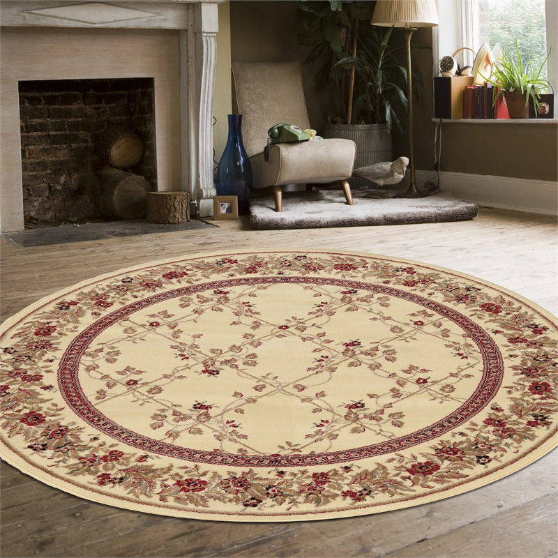 Radici USA Como Traditional Oriental Floral Ivory 8' Round Polypropylene Area Rug