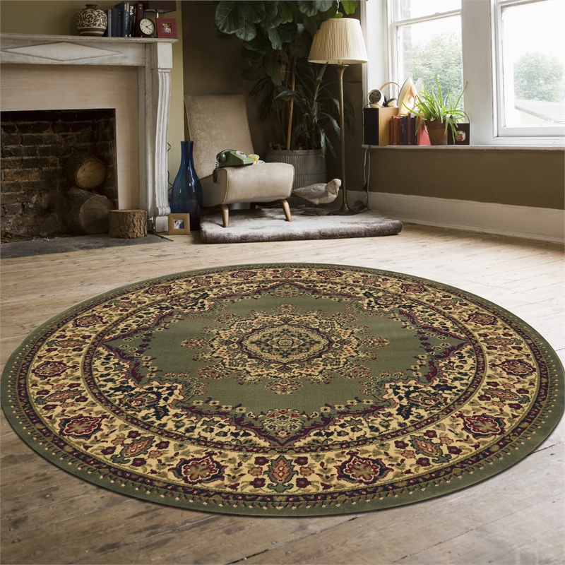 Radici USA Castello Traditional Medallion Green Round Polypropylene Area Rug 5'3