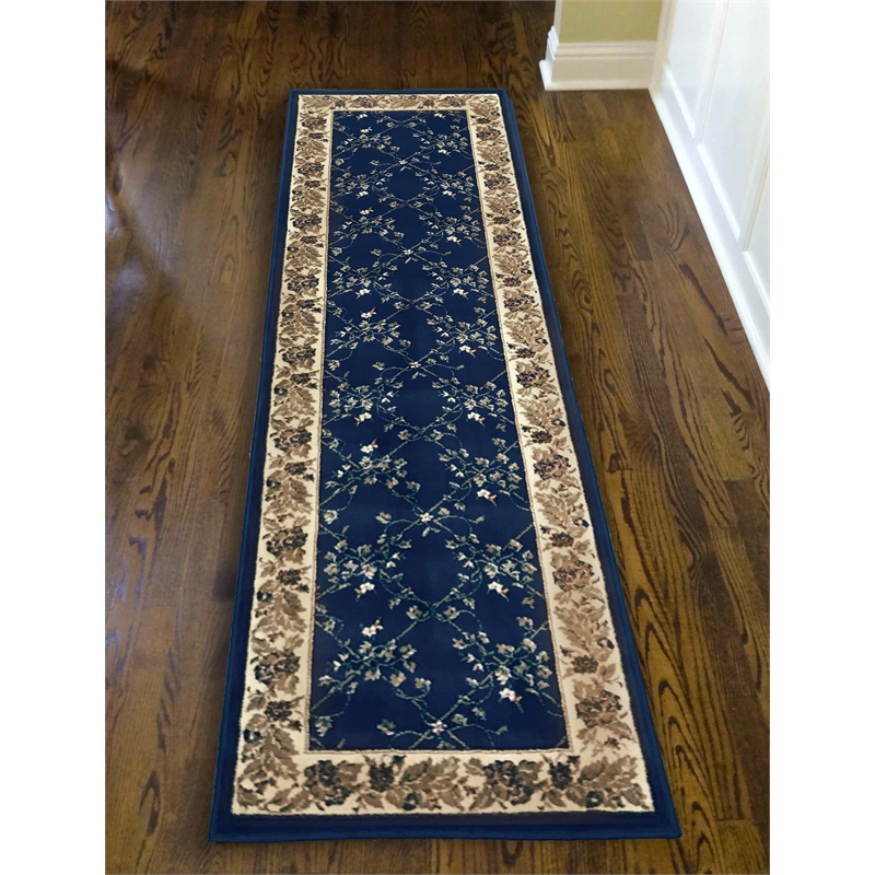 Radici USA Como Traditional Oriental Floral Navy Runner Polypropylene Rug 2'2