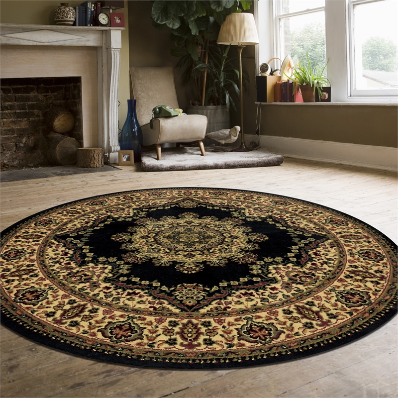 Radici USA Castello Traditional Medallion Black Round Polypropylene Area Rug 5'3