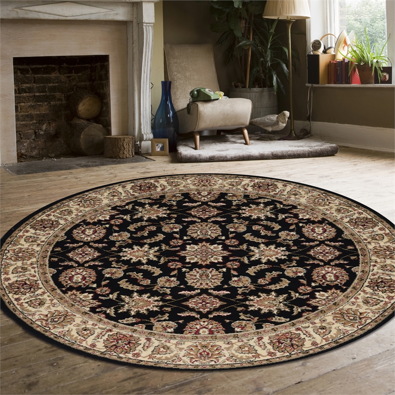 Radici USA Como Traditional Oriental Floral Black 8' Round Polypropylene Area Rug