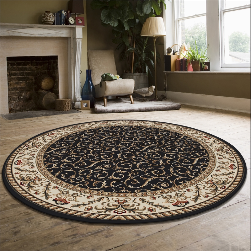Radici USA Como Traditional Oriental Black 8' Round Polypropylene Area Rug