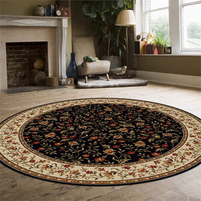 Radici USA Como Transitional Botanical Black 8' Round Polypropylene Area Rug