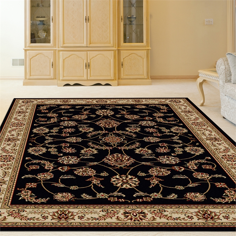 Radici USA Como Traditional Oriental Floral Black Rectangular Polypropylene Area Rug 7'9