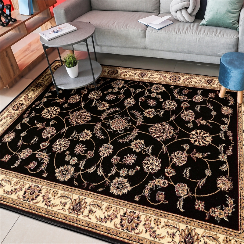 Radici USA Como Traditional Oriental Floral Black Rectangular Polypropylene Area Rug 7'9