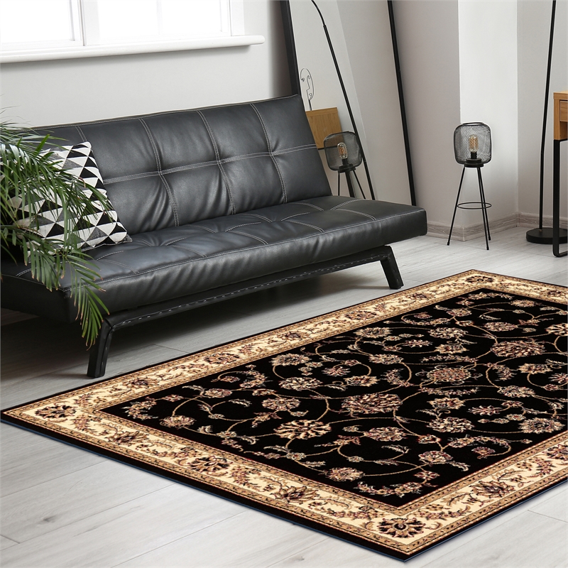 Radici USA Como Traditional Oriental Floral Black Rectangular Polypropylene Area Rug 7'9