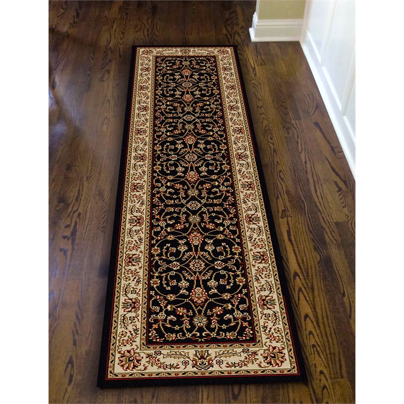 Radici USA Como Traditional Oriental Floral Black Runner Polypropylene Rug 2'2