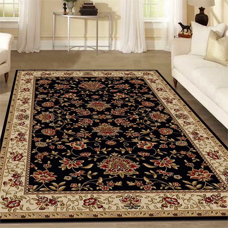 Radici USA Como Traditional Oriental Floral Black Rectangular Polypropylene Area Rug 7'9