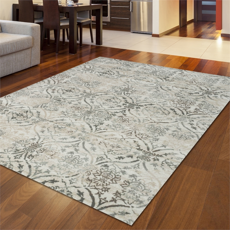 Radici USA Pisa Transitional Damask Bone White Rectangular Polypropylene Area Rug 5'3