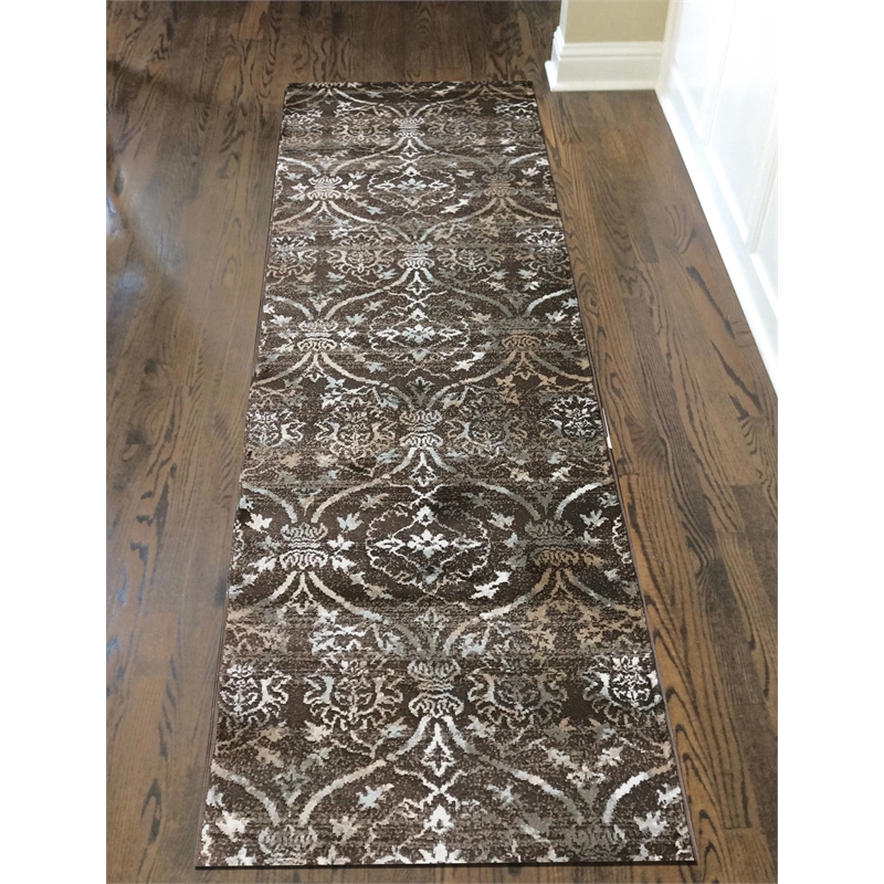 Radici USA Pisa Transitional Damask Brown Runner Polypropylene Rug 2'2