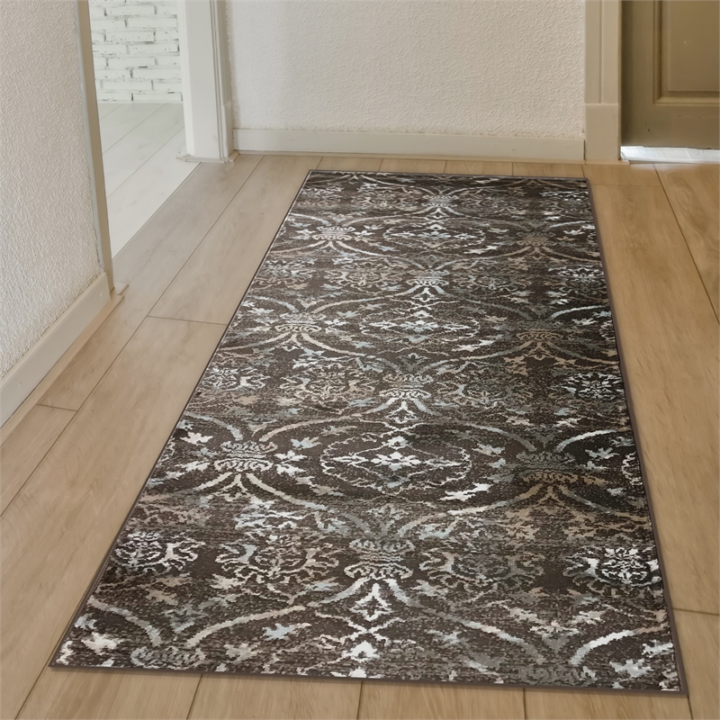 Radici USA Pisa Transitional Damask Brown Runner Polypropylene Rug 2'2