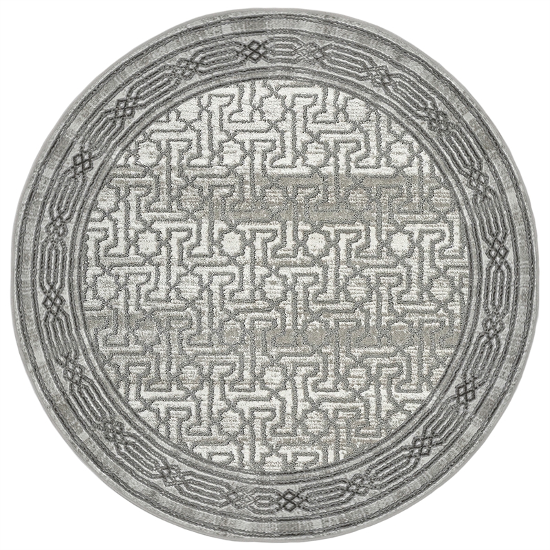 Davide 1231 Transitional Bordered Grey Round Polypropylene Area Rug 5'3
