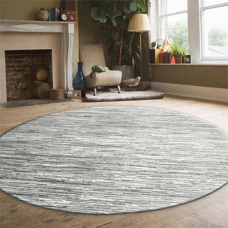 Davide 1228 Transitional Striated Gray Round Polypropylene Area Rug 5'3