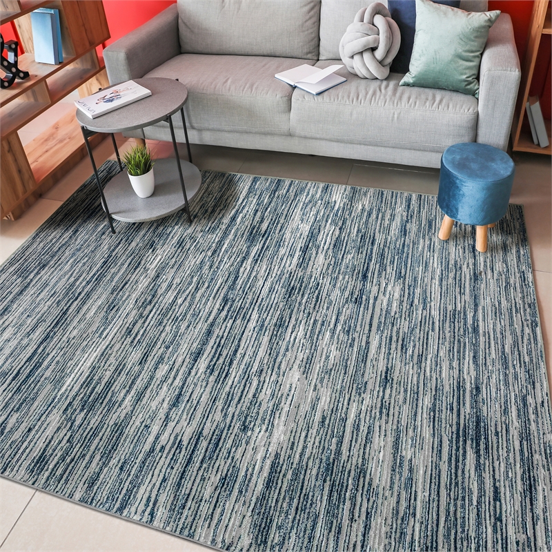 Davide 1228 Transitional Striated Blue Polypropylene Area Rug 3'3