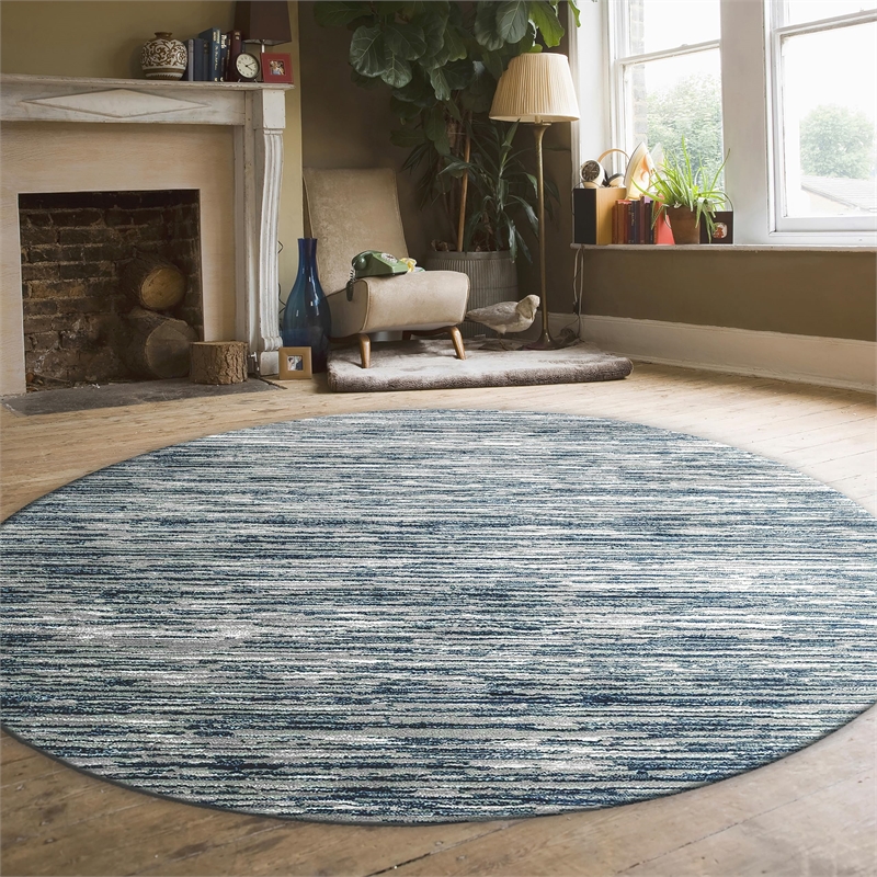 Davide 1228 Transitional Striated Blue Round Polypropylene Area Rug 7'10
