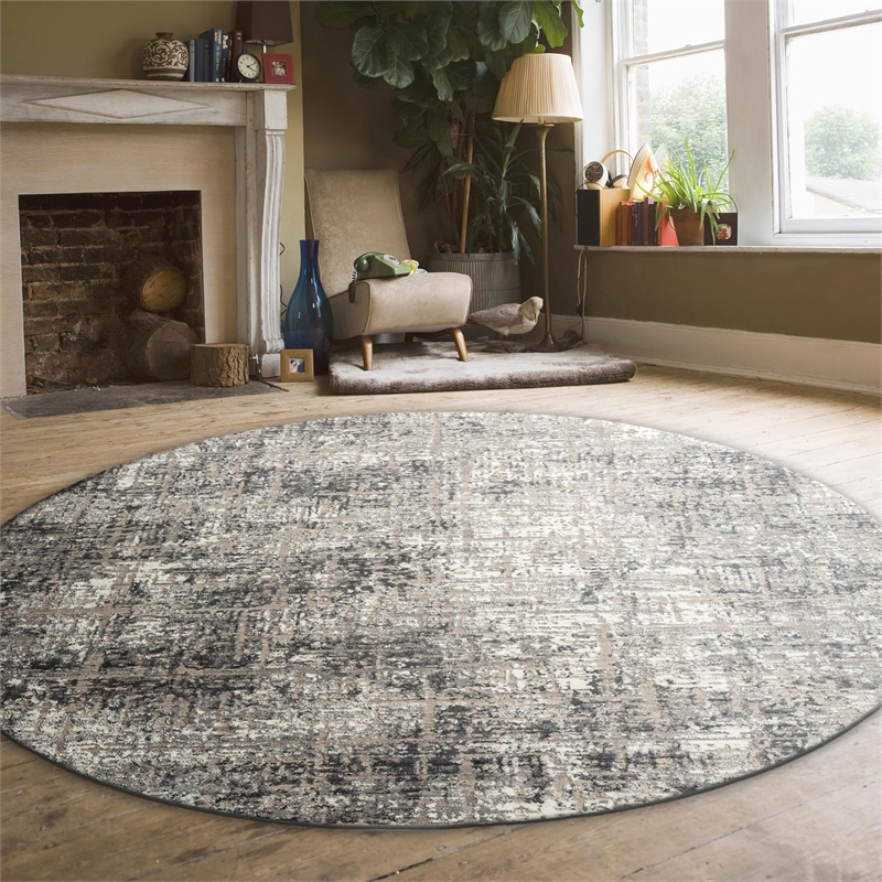 Livigno 1241 Transitional Striated Gray Round Polypropylene Area Rug 7'10