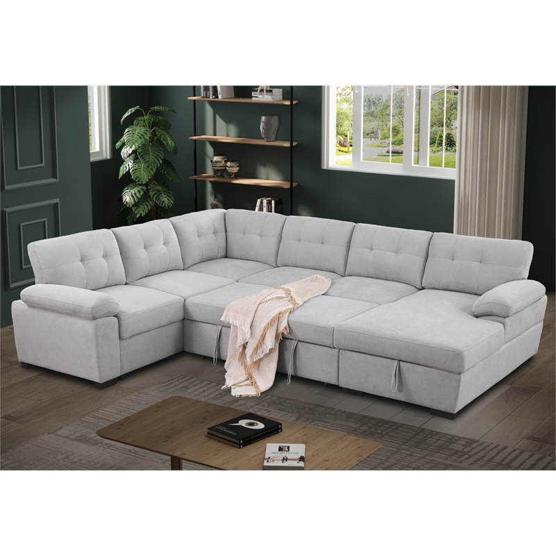 U-Shaped Sleeper Sectional Sofa Pull Out Bed Storage Chaise Seats 6 Sofabed