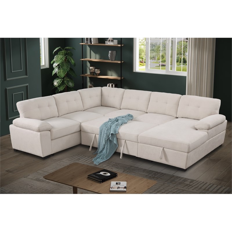 U-Shaped Sleeper Sectional Sofa Pull Out Bed Storage Chaise Seats 6 Sofabed
