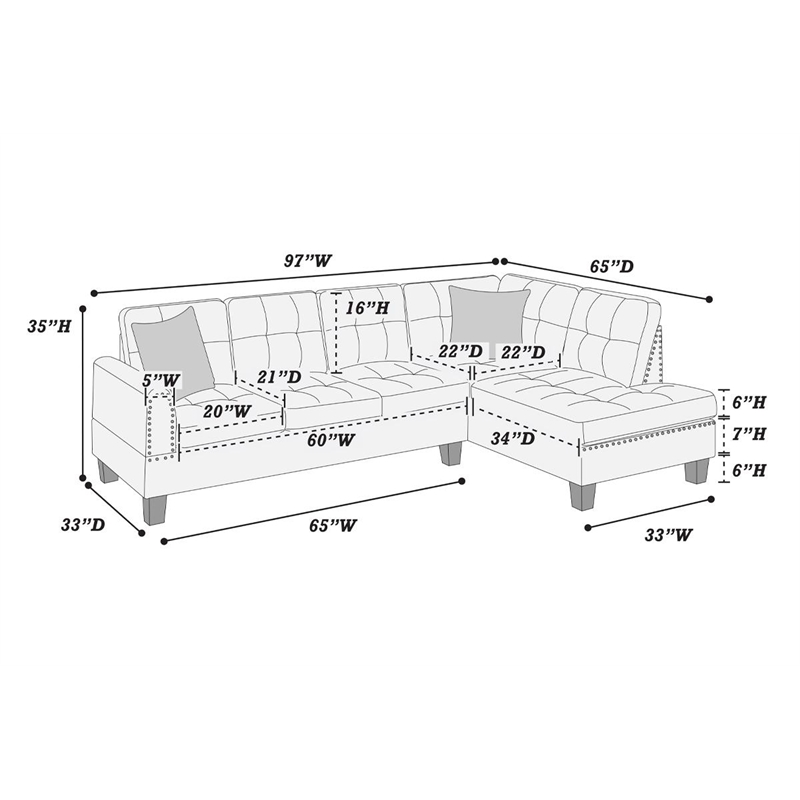 2-PC Sectional Sofa with Modern Nailheads Design-Ash Black