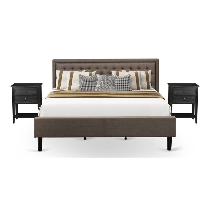 East West Furniture 3-piece Wood King Bedroom Set in Brown/Wire Brushed Black