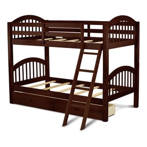 East West Furniture Verona 60&quot Wood Twin Bunk Bed with Under Drawer in Brown