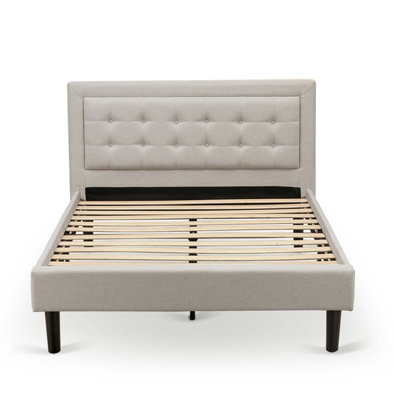 East West Furniture Fannin Wood and Linen Fabric Full Size Bed in Mist Beige
