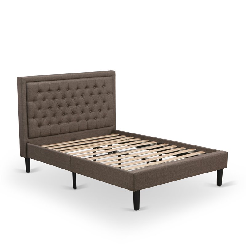 East West Furniture Kendall Wood and Linen Fabric Full Size Bed in Brown