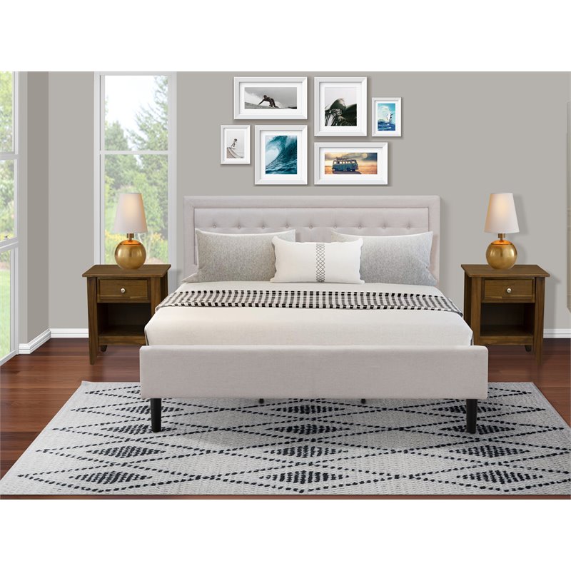 East West Furniture 3-piece Wood Fannin King Bedroom Set in Mist Beige/Walnut