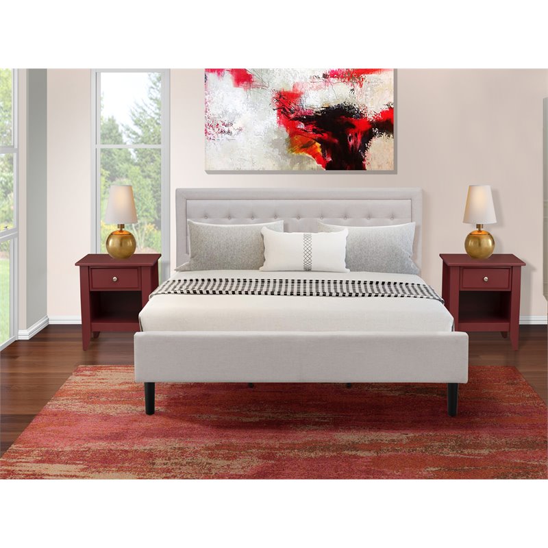East West Furniture 3-piece Wood Fannin King Bedroom Set in Mist Beige/Burgundy