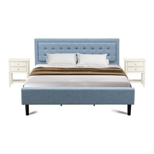 East West Furniture 3-piece Wood Platform Bedroom Set in Denim Blue/Butter Cream