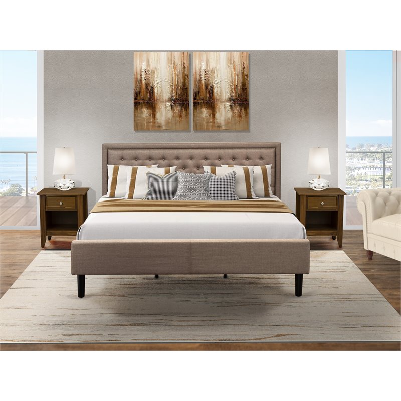 East West Furniture 3-piece Wood Platform Bedroom Set in Dark Khaki Brown/Walnut