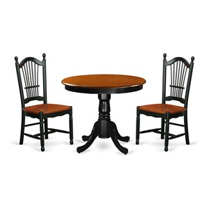 East West Furniture Antique 3-piece Dining Set with Round Table in Black/Cherry