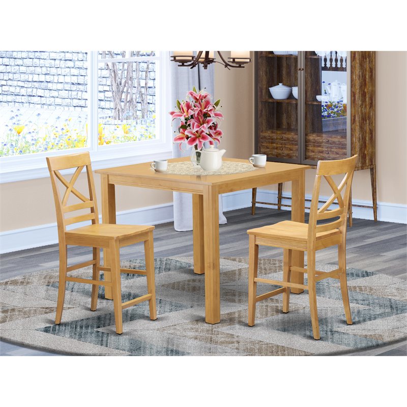 East West Furniture Cafe 3-piece Counter Height Set with Square Table in Oak