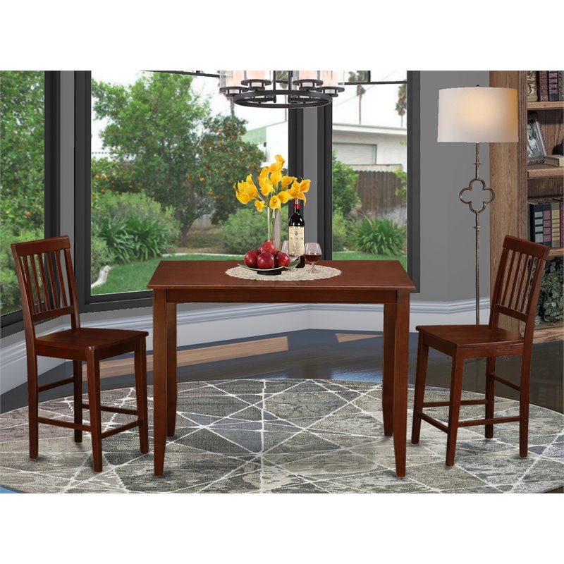 East West Furniture Buckland 3-piece Counter Height Pub Table Set in Mahogany