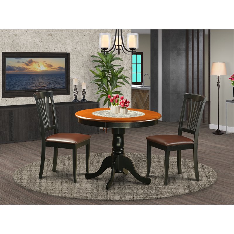 East West Furniture Antique 3-piece Wood Leather Seat Dining Set in Black/Cherry
