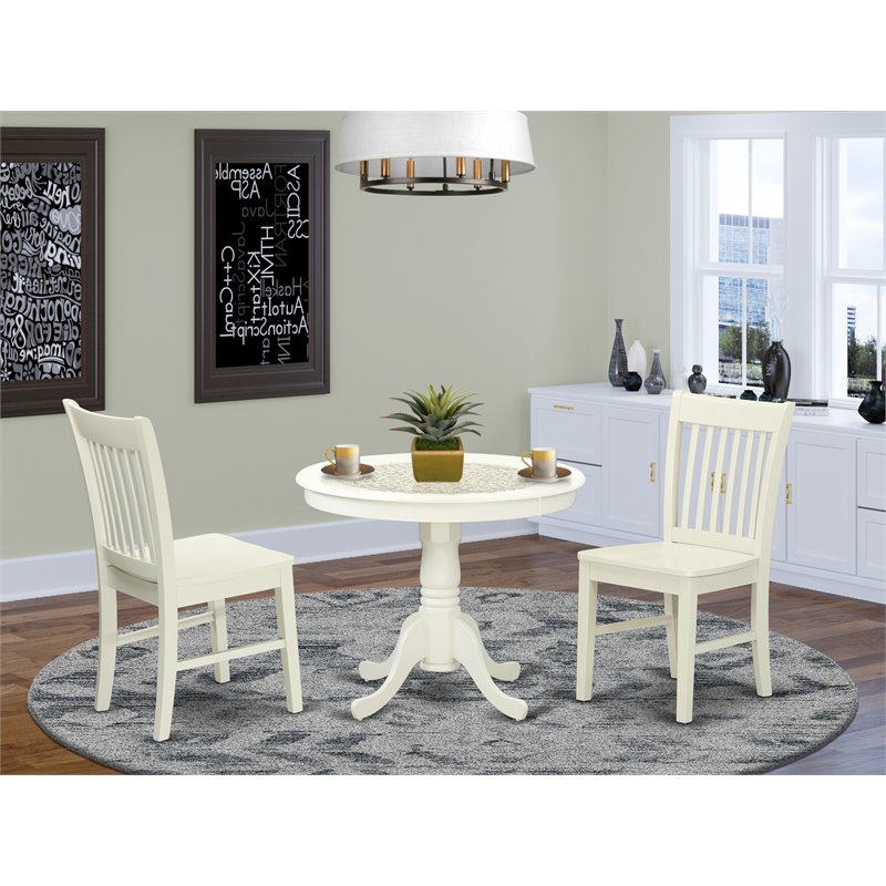 East West Furniture Antique 3-piece Dining Table and Chair Set in Linen White