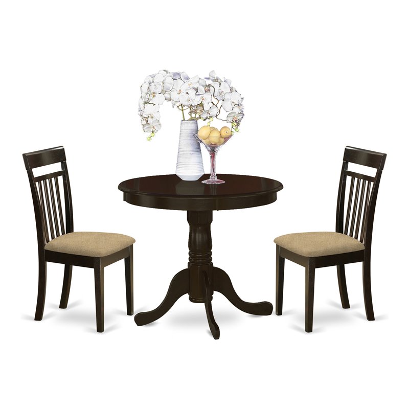 East West Furniture Antique 3-piece Dining Set with Fabric Seat in Cappuccino
